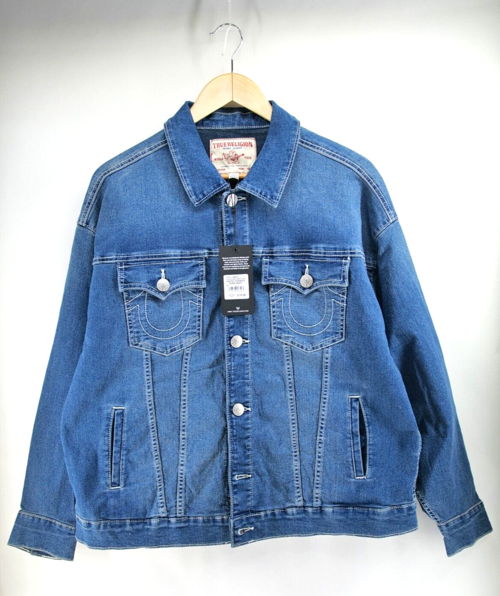 TRUE RELIGION WOMEN'S PRINTED OVERSIZED DENIM JACKET BLUE‎ SIZE L NWT